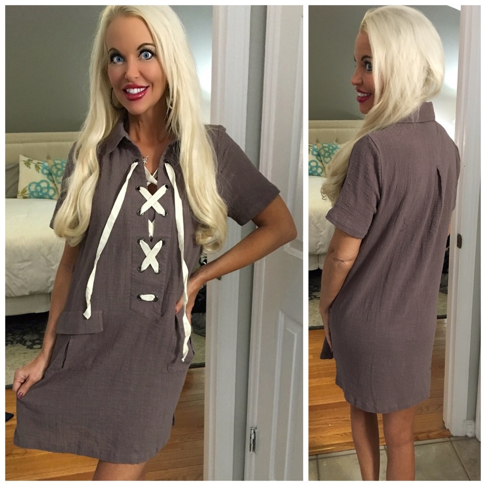 LAST 1! ❤️Taupe/Gray Lace Up Pocket Tunic Dress! - Picture 2 of 2